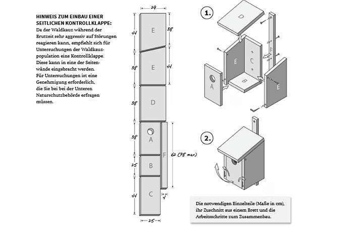 Ausschnitt aus der Bauanleitung für einen Waldkauz-Nistkasten - Gestaltung: NABU