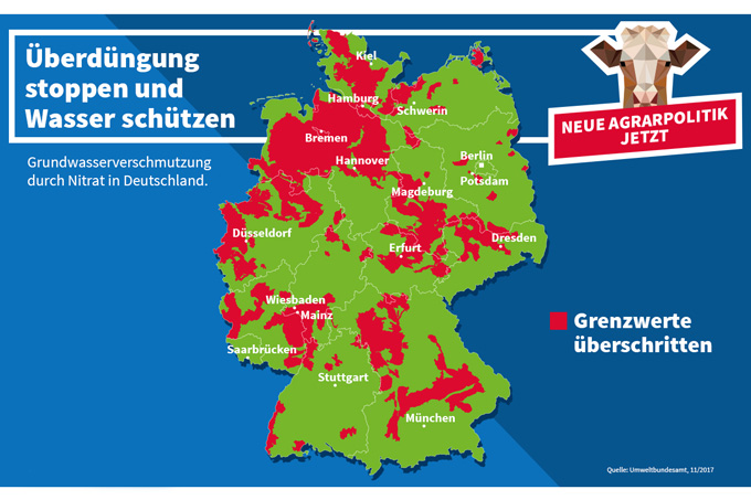 Nitratbelastung des Grundwassers - Datenquelle: Zusammenstellung des Umweltbundesamtes (zur Großansicht das Bild anklicken)