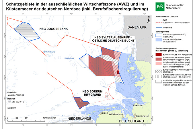 (Zum Vergrößern anklicken) Meeresschutzgebiete in der AWZ und der deutschen Nordsee mit Fischereiregulierungen - Karte: Bundesamt für Naturschutz